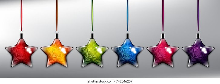 Set of 6 colorful star shaped Christmas ornaments. Christmas decoration. Design elements for holiday cards. Isolated on the white panel. Vector illustration. Eps10.