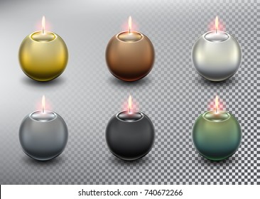 Set of 6 colorful vector ball candles. Spherical candles. Realistic and isolated with transparent burning flame and shadow on the white background. Vector illustration. Eps10.