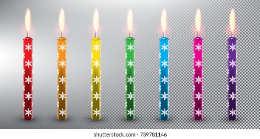 Set of 6 colorful vector candles. Birthday cake candles. Christmas decoration. Realistic and isolated with transparent burning flame and shadow on the white background. Vector illustration. Eps10.