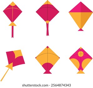 Set of 6 Colorful Vector Kites, Collection of 6 kites perfect for adding a playful touch to any design project. Ideal for graphic designers looking to incorporate dynamic and colorful elements 