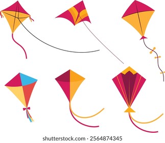 Set of 6 Colorful Vector Kites, Collection of 6 kites perfect for adding a playful touch to any design project. Ideal for graphic designers looking to incorporate dynamic and colorful elements 