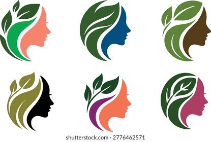 Set of 6 colorful vector logos featuring elegant woman silhouette with flowing hair merged with green leaves. Modern flat design perfect for beauty salon, hair salon, spa, wellness center, organic beauty products, natural hair care, cosmetics, yoga, meditation, eco beauty and feminine branding.
High-quality scalable vector illustrations with multiple color variations. Ideal for logos, icons, packaging, websites, and print designs.