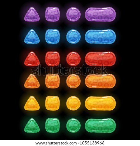 Set of 6 colors glossy buttons set with animal texture on it, vector gui assets. Geometric shapes collection in cartoon style for game design isolated on black bacground.