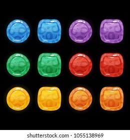 Set of 6 colors glossy circle and square buttons set with animal texture on it, vector gui assets. Geometric shapes collection in cartoon style for game design isolated on black bacground.