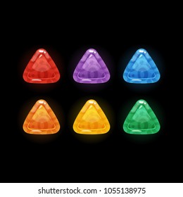 Set of 6 colors glossy triangle buttons set with animal texture on it, vector gui assets. Geometric shapes collection in cartoon style for game design isolated on black bacground.