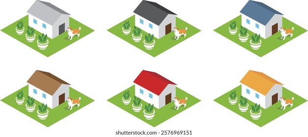 A set of 6 colors of houses and pets seen from above