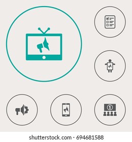 Set Of 6 Commercial Icons Set.Collection Of Auditorium, Customer Summary, Man With Banner And Other Elements.