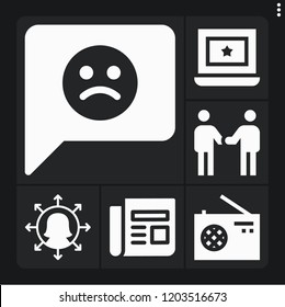 Set of 6 communication filled icons such as manager, feedback, radio, newspaper, relationship