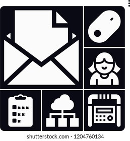 Set of 6 communication filled icons such as survey, mouse, radio, avatar, message