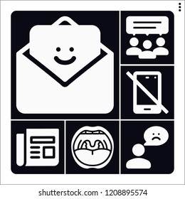 Set of 6 communication filled icons such as mouth, feedback, no phone