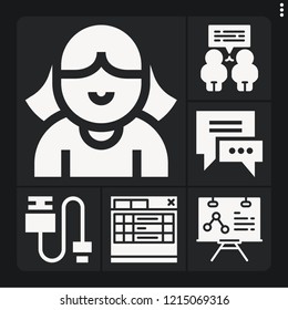 Set of 6 communication filled icons such as conversation, analytics, tabs, avatar, chatting