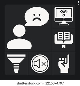 Set of 6 communication filled icons such as mute, wifi, feedback, funnel, lectern