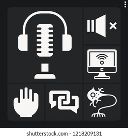 Set of 6 communication filled icons such as neuron, microphone, wifi, hand, mute