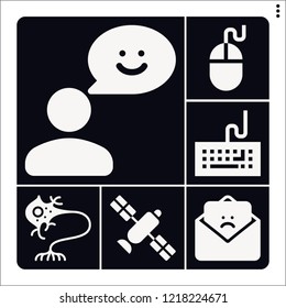 Set of 6 communication filled icons such as neuron, satellite, feedback, keyboard