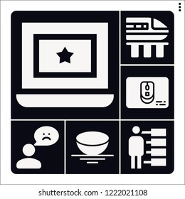 Set of 6 communication filled icons such as sphere, mouse, high speed train, feedback, laptop
