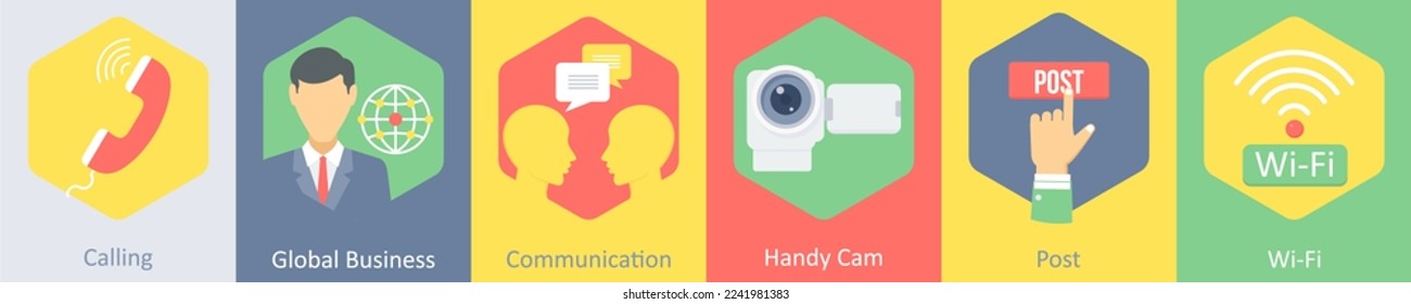 A set of 6 communication icons as calling, global business, communication