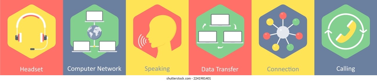 Un conjunto de 6 iconos de comunicación como auriculares, red informática, hablando