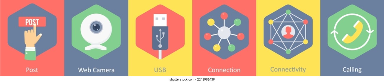 A set of 6 communication icons as post, web camera, usb