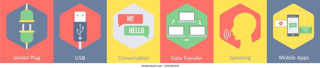 Un conjunto de 6 iconos de comunicación como enchufe de socket, usb, conversación