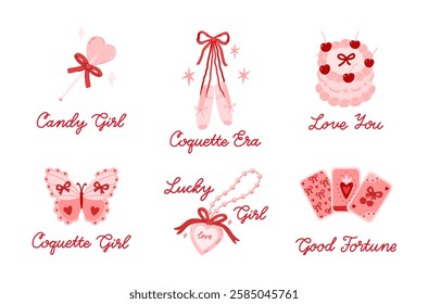 Set of 6 compositions. Decorative pretty elements. Text inscriptions: Candy Girl, Coquette era, Coquette girl, Lucky girl, Love you, Good Fortune. Whimsical vector illustration. Elegant Collection