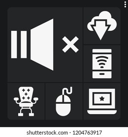 Set of 6 computer filled icons such as desk, mute, free wifi, mouse, download