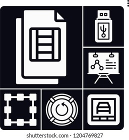 Set of 6 computer filled icons such as reset, video file, pendrive, analytics, transform