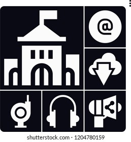 Set of 6 computer filled icons such as at, university, share, headset, download