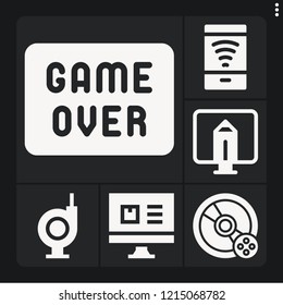 Set of 6 computer filled icons such as compact disc, computer, game over, monitor, free wifi