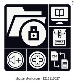 Set of 6 computer filled icons such as volume, gamepad, exchange, dossier, computer