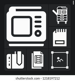 Set of 6 computer filled icons such as video file, edit, photocopier, drawing tablet, tv