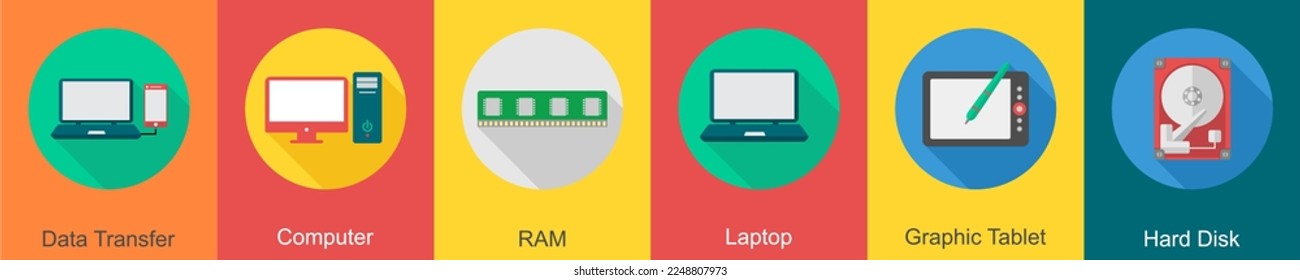 A set of 6 computer and Hardware icons as data transfer, computer, ram