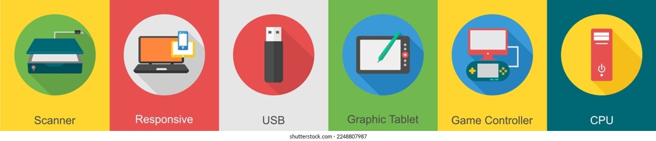 A set of 6 computer and Hardware icons as scanner, responsive, usb