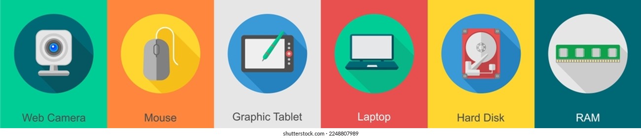 A set of 6 computer and Hardware icons as web camera, mouse, graphic tablet