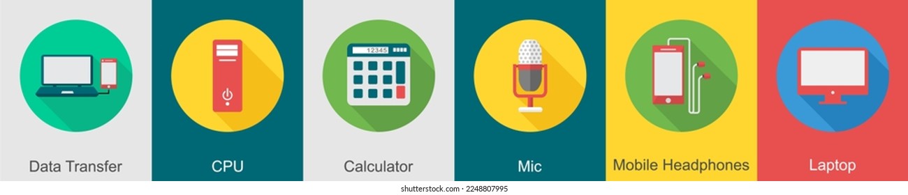 Ein Satz von 6 Computer- und Hardware-Symbolen wie Datentransfer, CPU, Taschenrechner