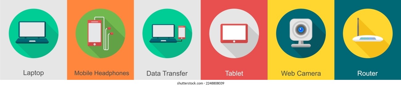 Un conjunto de 6 iconos de computadora y hardware como laptop, audífonos móviles, transferencia de datos
