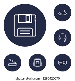 Set of 6 computer icons line style set. Collection of show, router, diskette and other elements.