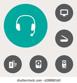 Set Of 6 Computer Icons Set.Collection Of Photocopy, Supply, Headset And Other Elements.