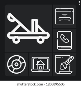 Set of 6 computer outline icons such as phonebook, svg file, catapult, laptop, home page