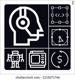 Set of 6 computer outline icons such as select, callcenter, exchange, robot, coding