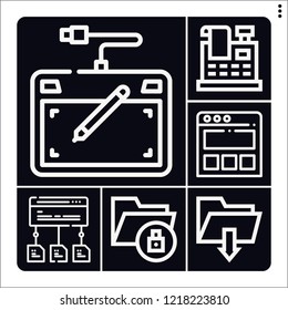 Set of 6 computer outline icons such as landing page, drawing tablet, cash register, download, data flow