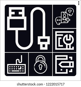 Set of 6 computer outline icons such as lock, keyboard, browser, social media, smartphone