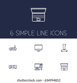 Set Of 6 Computer Outline Icons Set.Collection Of Monitor, Laptop, Modem And Other Elements.