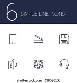 Set Of 6 Computer Outline Icons Set.Collection Of Powerbank, Scanner, Tablet And Other Elements.