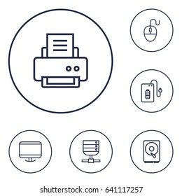 Set Of 6 Computer Outline Icons Set.Collection Of Powerbank, Monitor, Server And Other Elements.