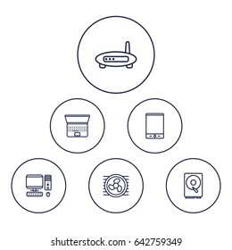 Set Of 6 Computer Outline Icons Set.Collection Of PC, Hdd, Laptop And Other Elements.