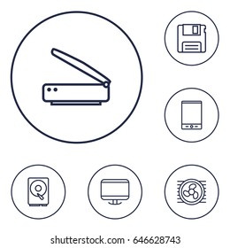 Set Of 6 Computer Outline Icons Set.Collection Of Hdd, Tablet, Monitor And Other Elements.