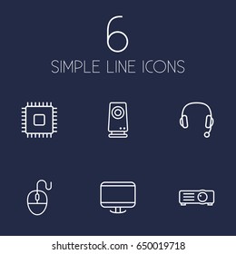 Set Of 6 Computer Outline Icons Set.Collection Of Projector, Computer Mouse, Cpu And Other Elements.
