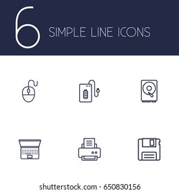 Set Of 6 Computer Outline Icons Set.Collection Of Laptop, Powerbank, Computer Mouse And Other Elements.