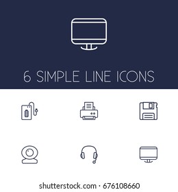 Set Of 6 Computer Outline Icons Set.Collection Of Floppy, Printer, Powerbank And Other Elements.