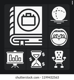 Set of 6 concept filled icons such as mouth, bar chart, sphere, hourglass, desk